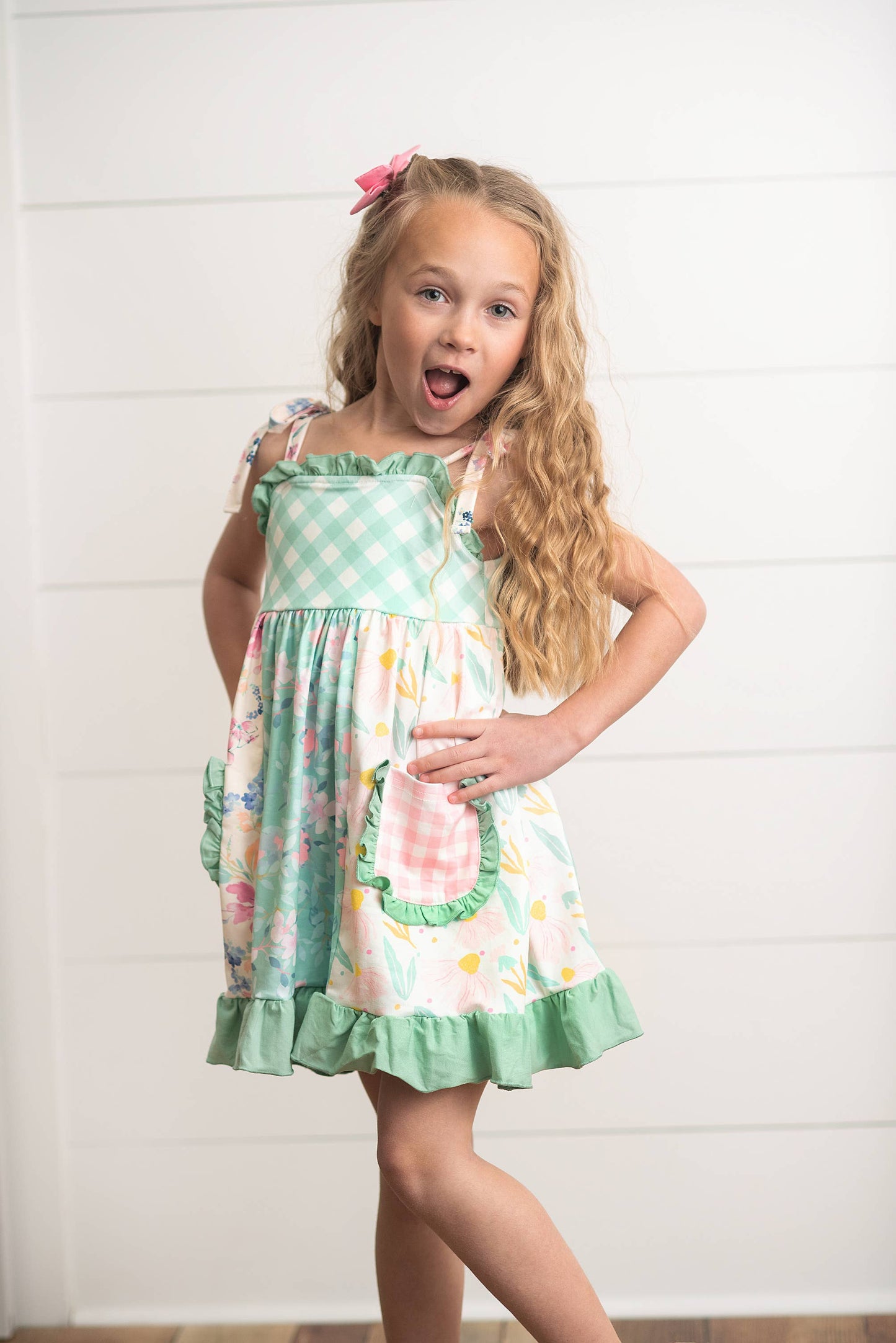 Girls Mint Gingham Ruffle Pocket Dress