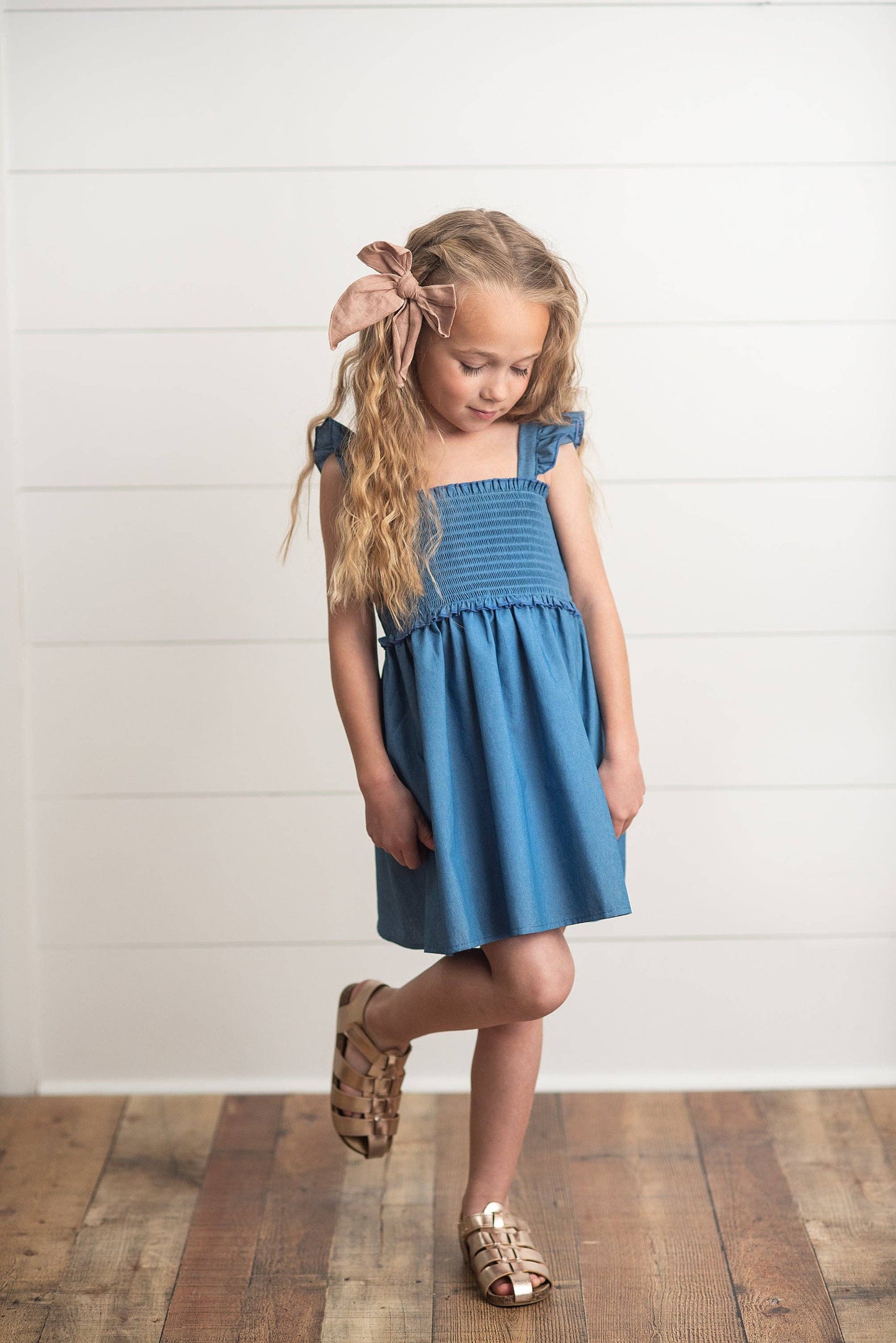 Girls Blue Shirred Ruffle Spring Dress