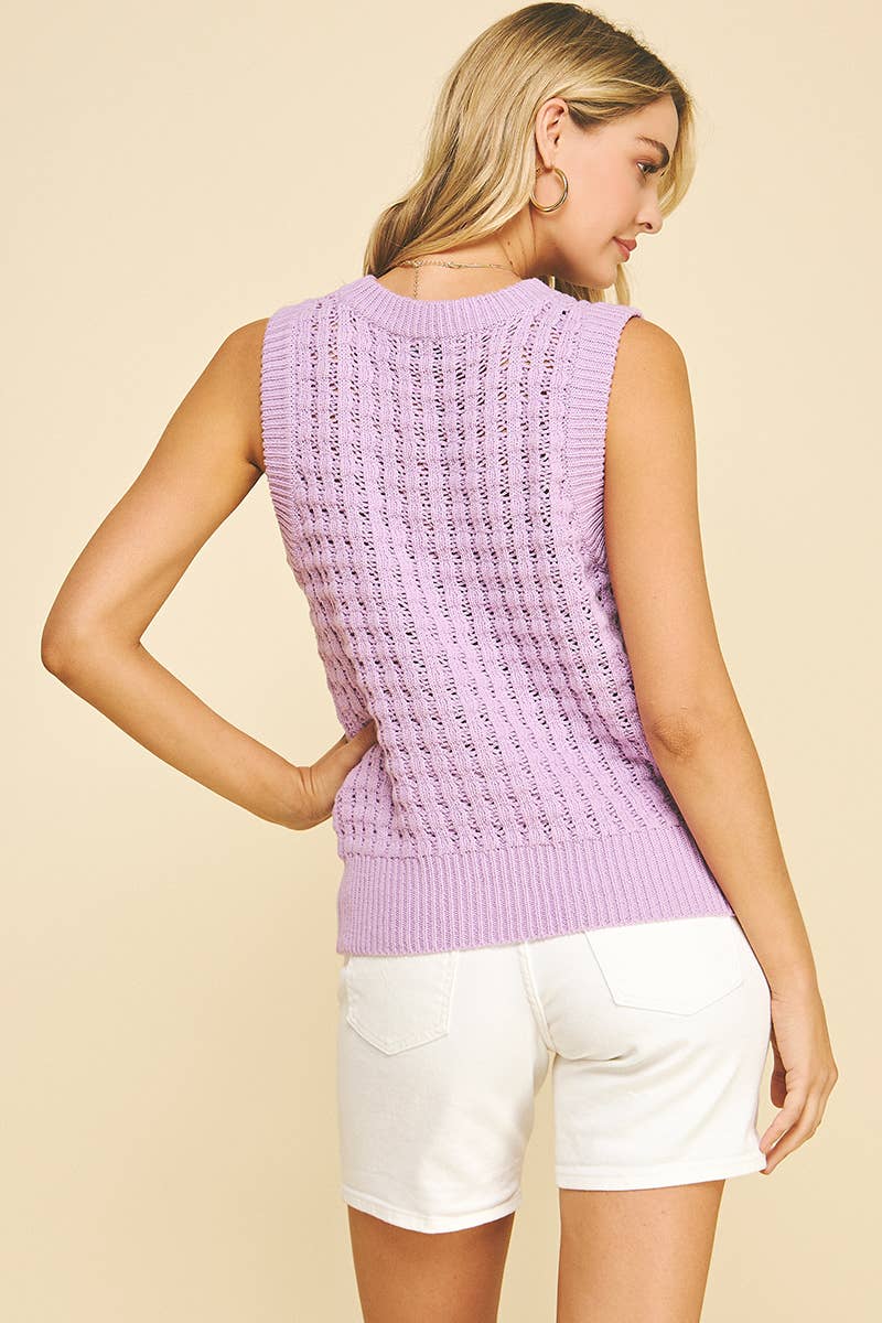 SOLID EYELET SLEEVELESS SWEATER - 6003W