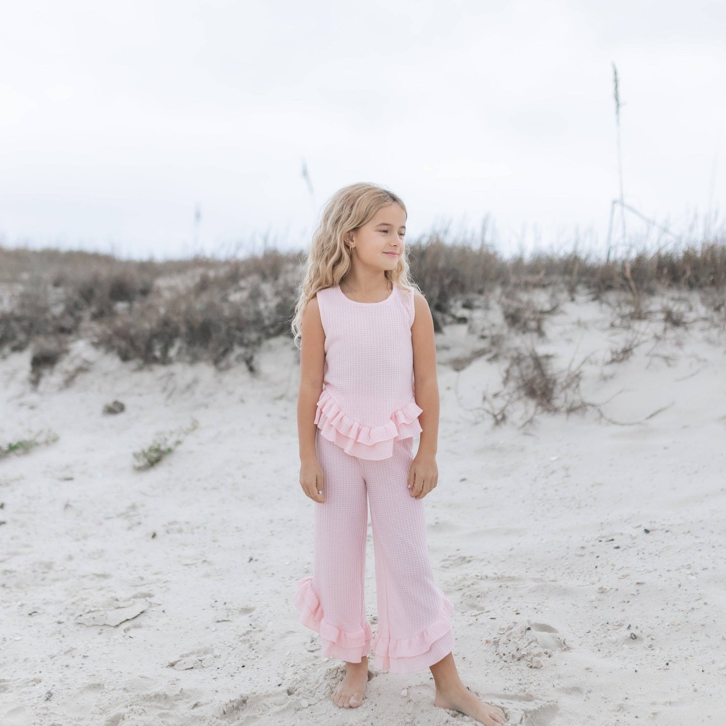 Kids Pink Ruffle Waffle Knit Spring Summer Set