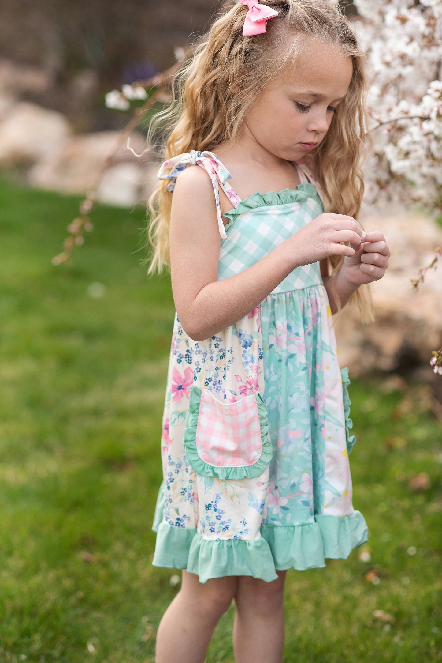 Girls Mint Gingham Ruffle Pocket Dress