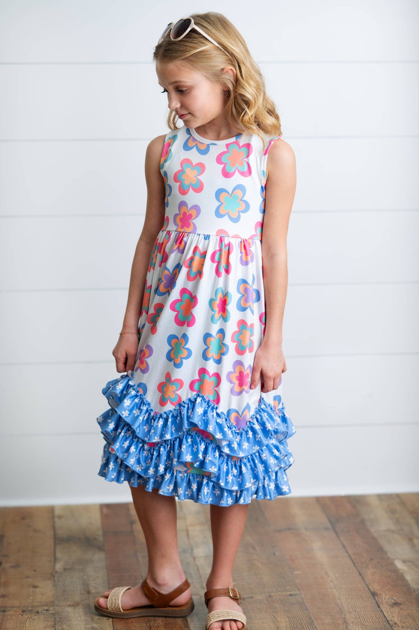 Girls 3 Tiered Periwinkle Flower Spring Summer Ruffles Dress