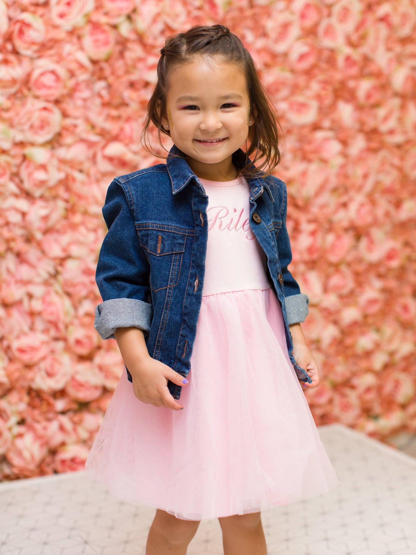 Girls Medium Wash Ruffle Denim Jacket