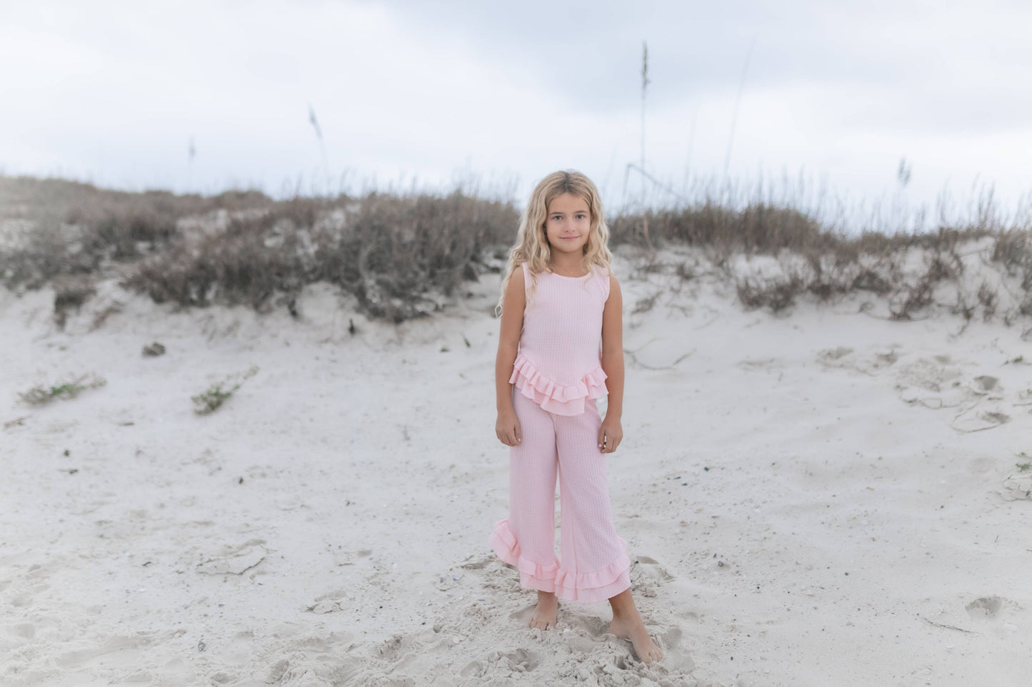 Kids Pink Ruffle Waffle Knit Spring Summer Set