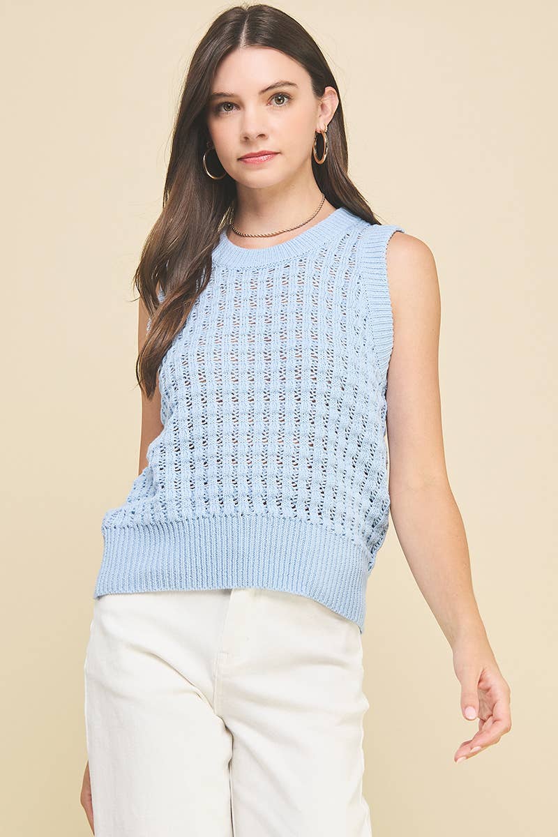 SOLID EYELET SLEEVELESS SWEATER - 6003W