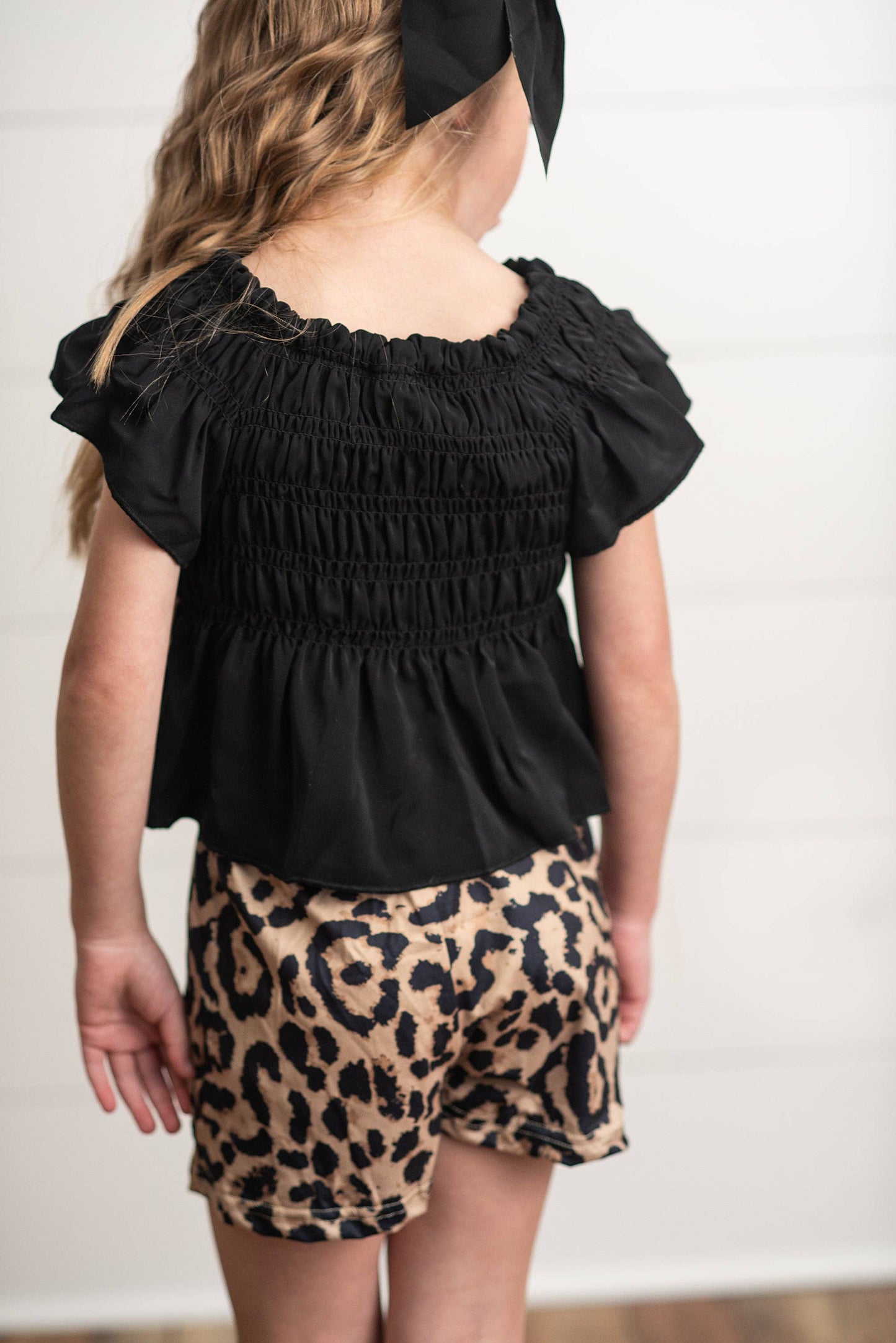 Kids Black Shirred Top & Leopard Print Bow Spring Short Set