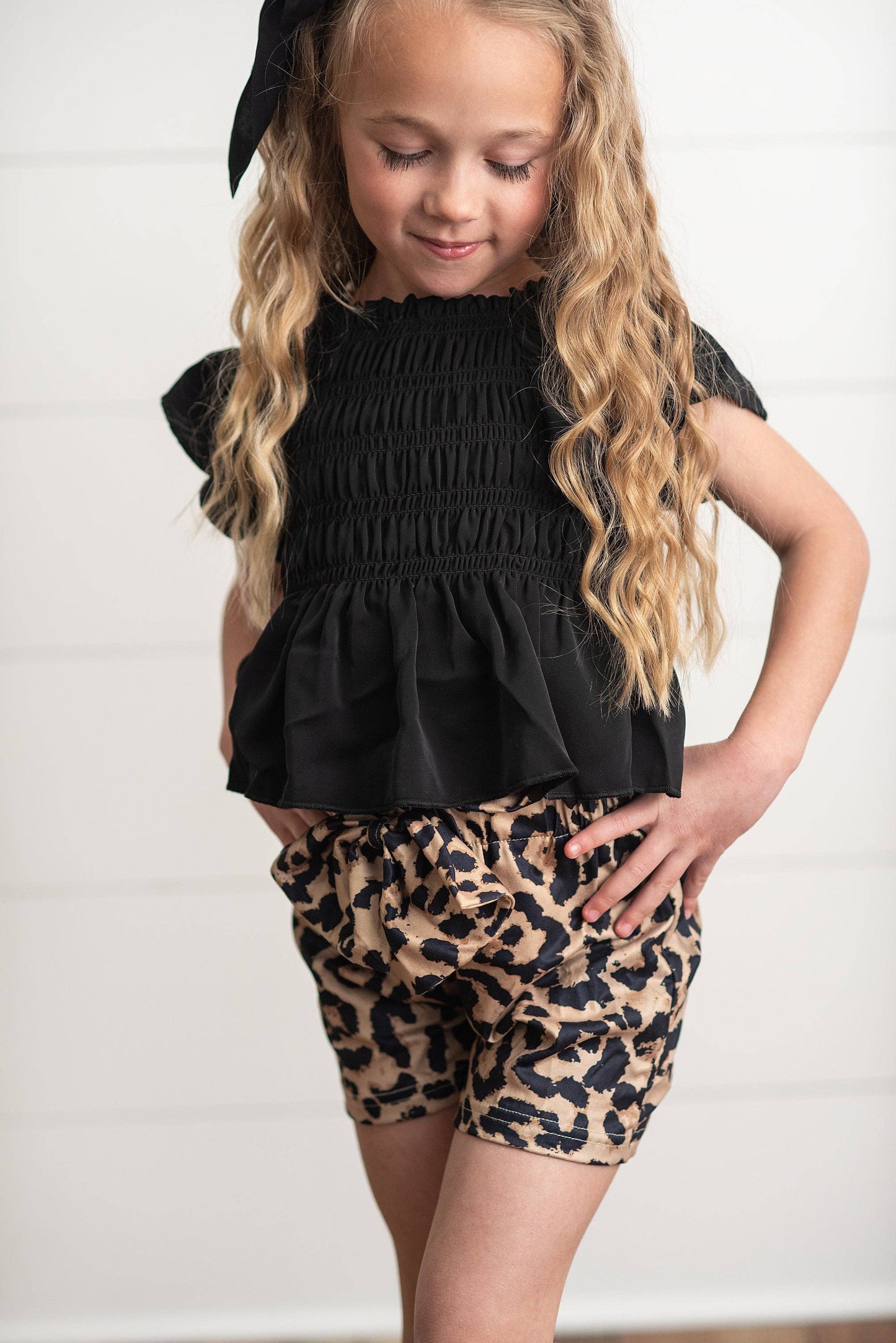 Kids Black Shirred Top & Leopard Print Bow Spring Short Set