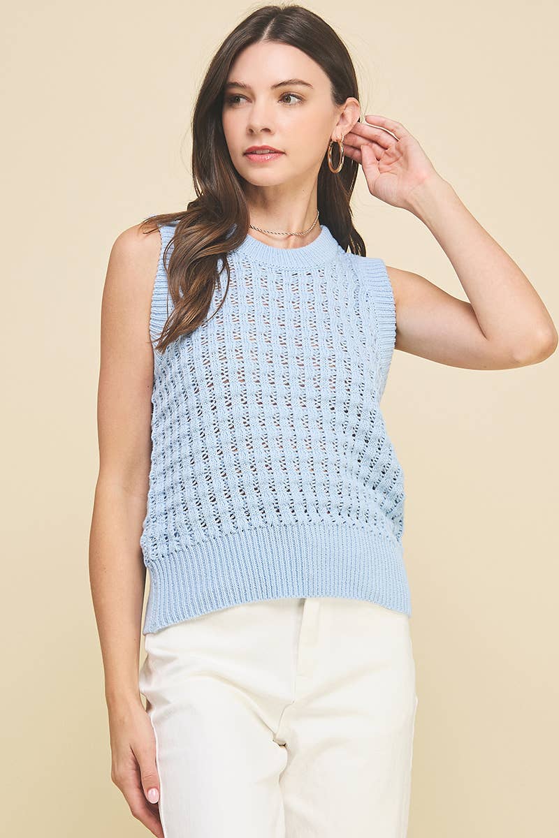 SOLID EYELET SLEEVELESS SWEATER - 6003W