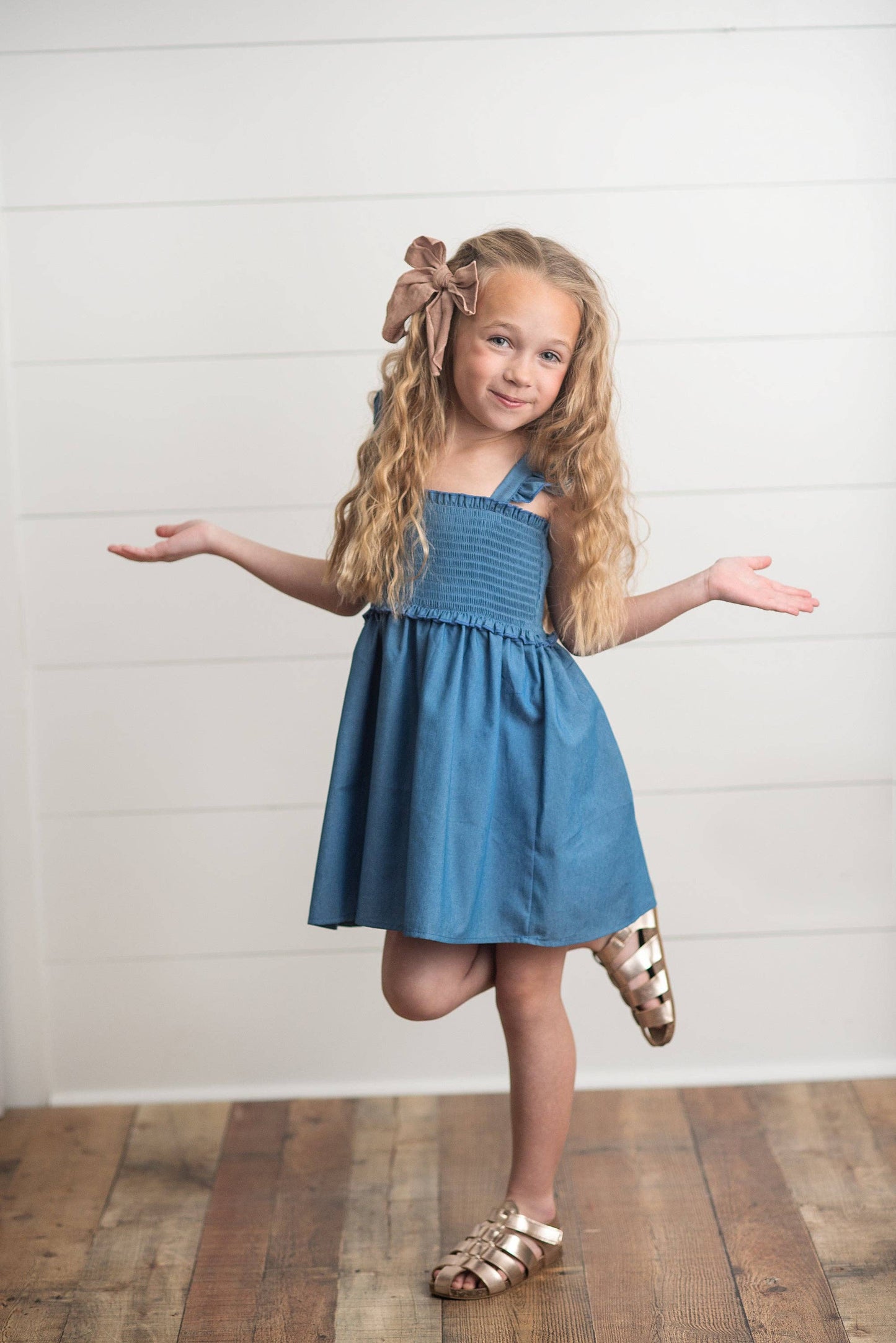 Girls Blue Shirred Ruffle Spring Dress