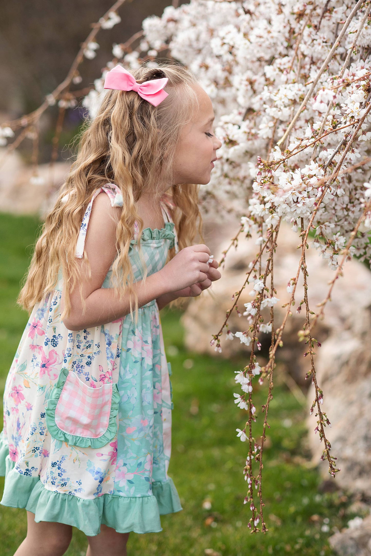 Girls Mint Gingham Ruffle Pocket Dress