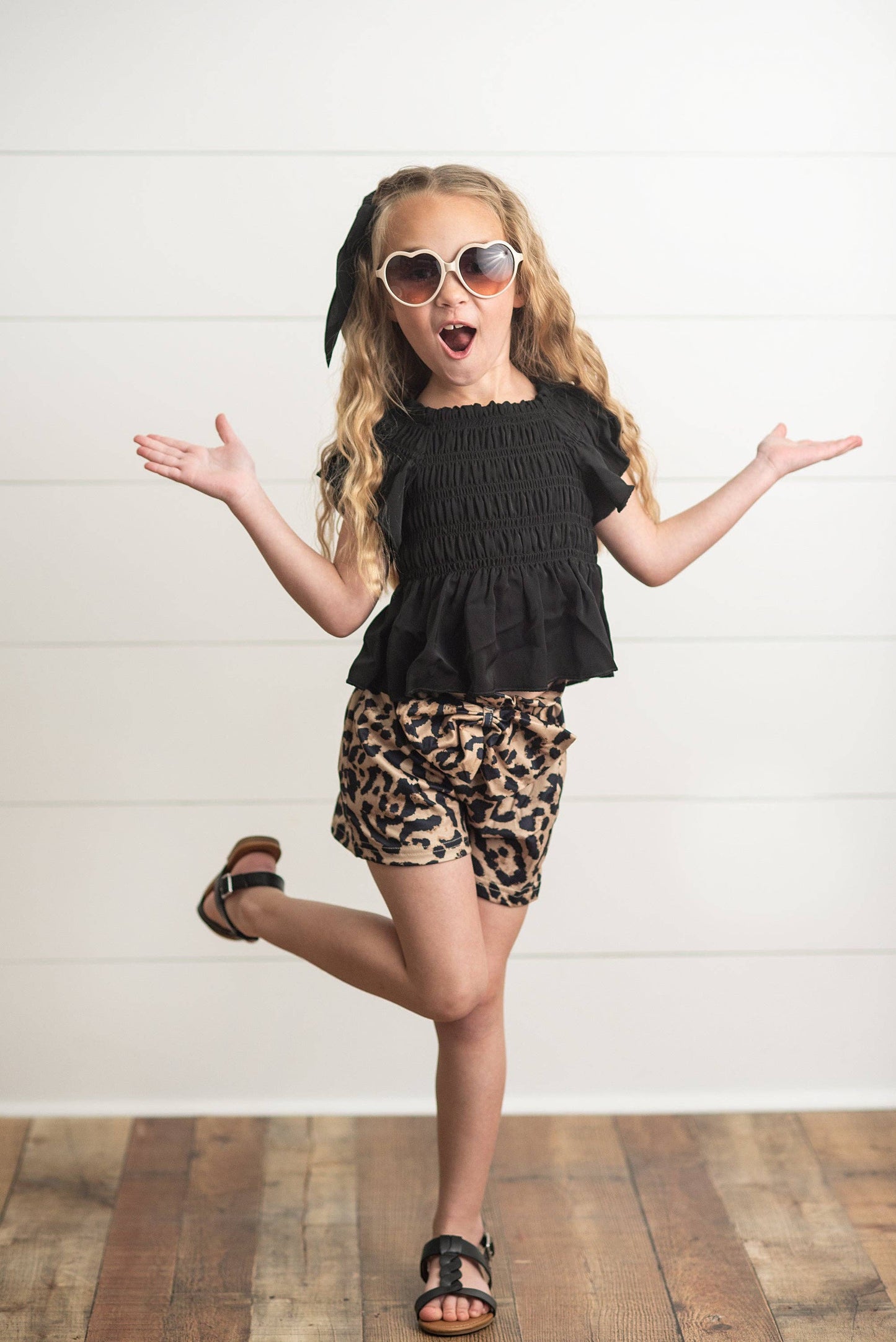 Kids Black Shirred Top & Leopard Print Bow Spring Short Set