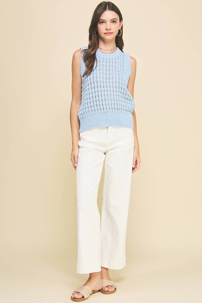 SOLID EYELET SLEEVELESS SWEATER - 6003W