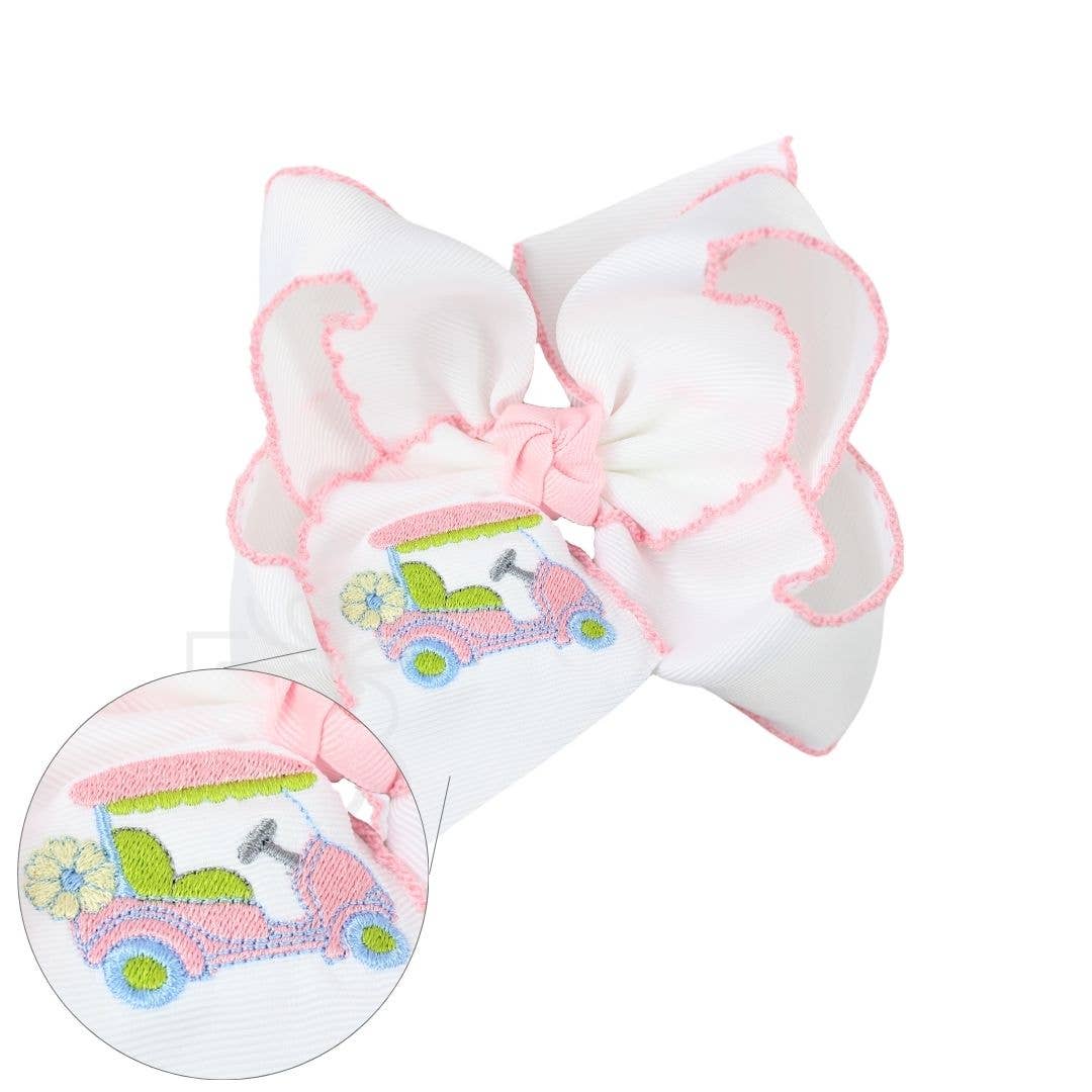 EMBROIDERED GOLFCART 5.5" HUGE CROCHET EDGE HAIR BOW