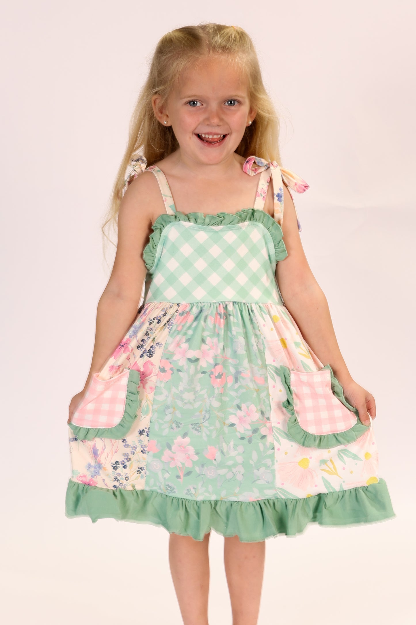Girls Mint Gingham Ruffle Pocket Dress