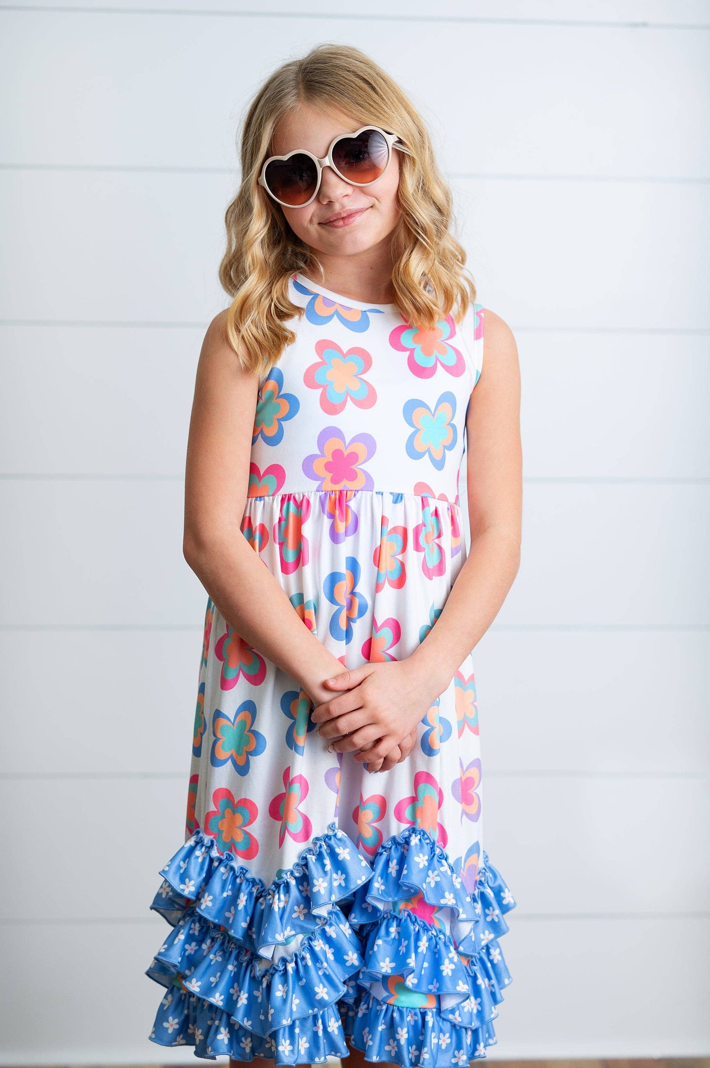 Girls 3 Tiered Periwinkle Flower Spring Summer Ruffles Dress
