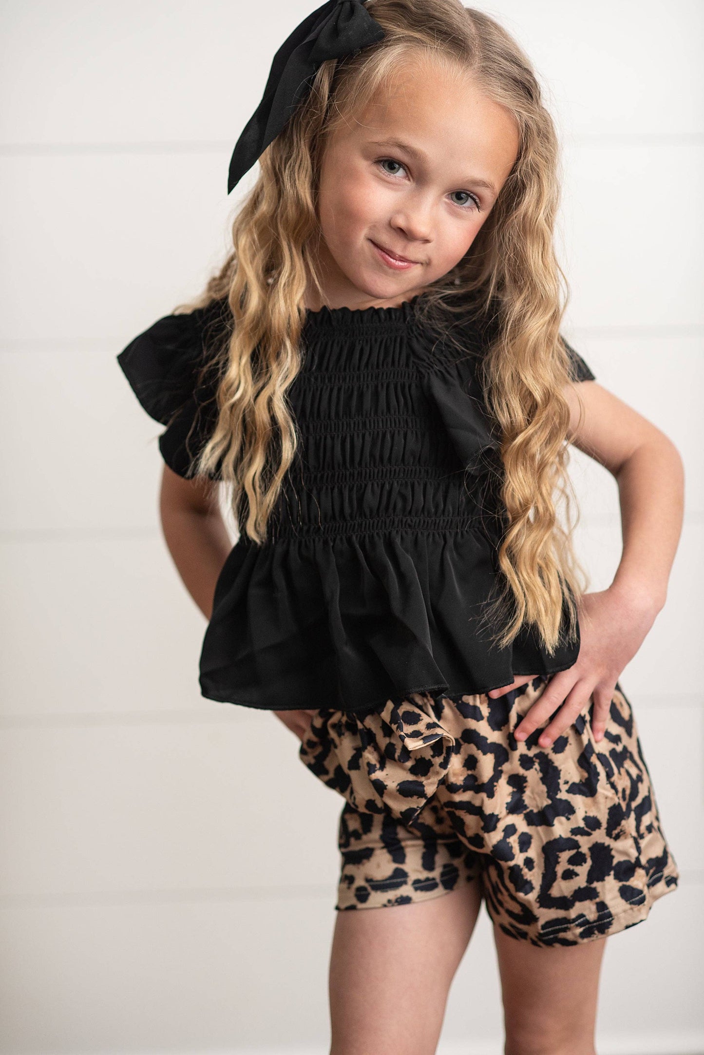 Kids Black Shirred Top & Leopard Print Bow Spring Short Set
