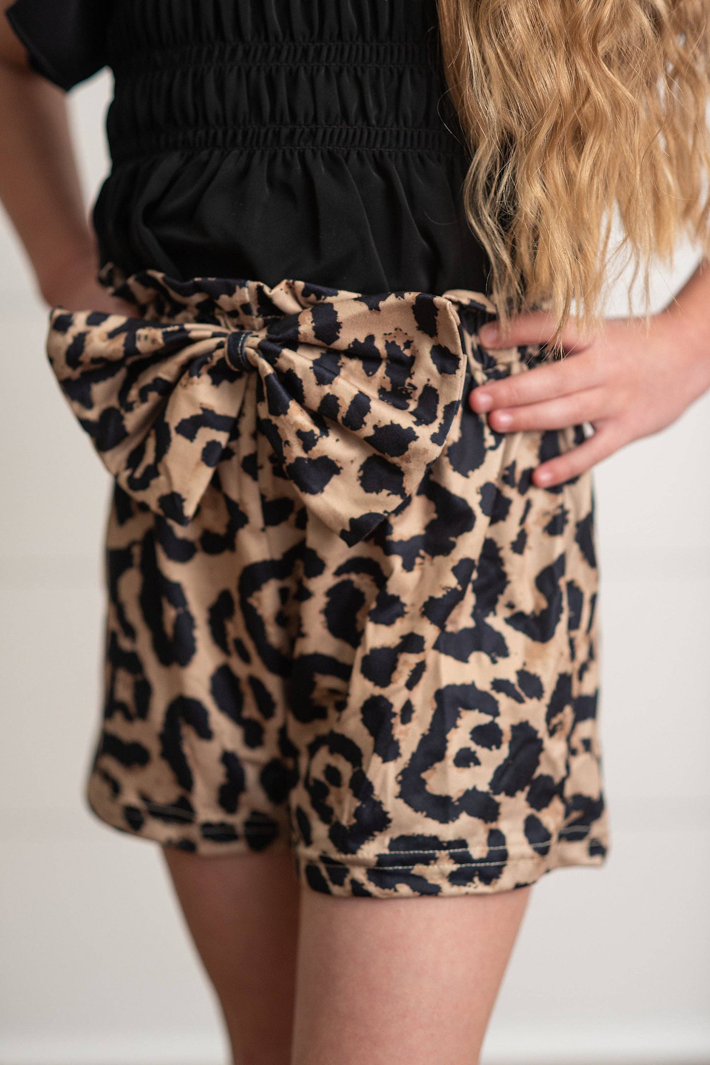 Kids Black Shirred Top & Leopard Print Bow Spring Short Set