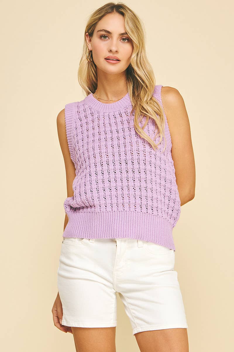 SOLID EYELET SLEEVELESS SWEATER - 6003W