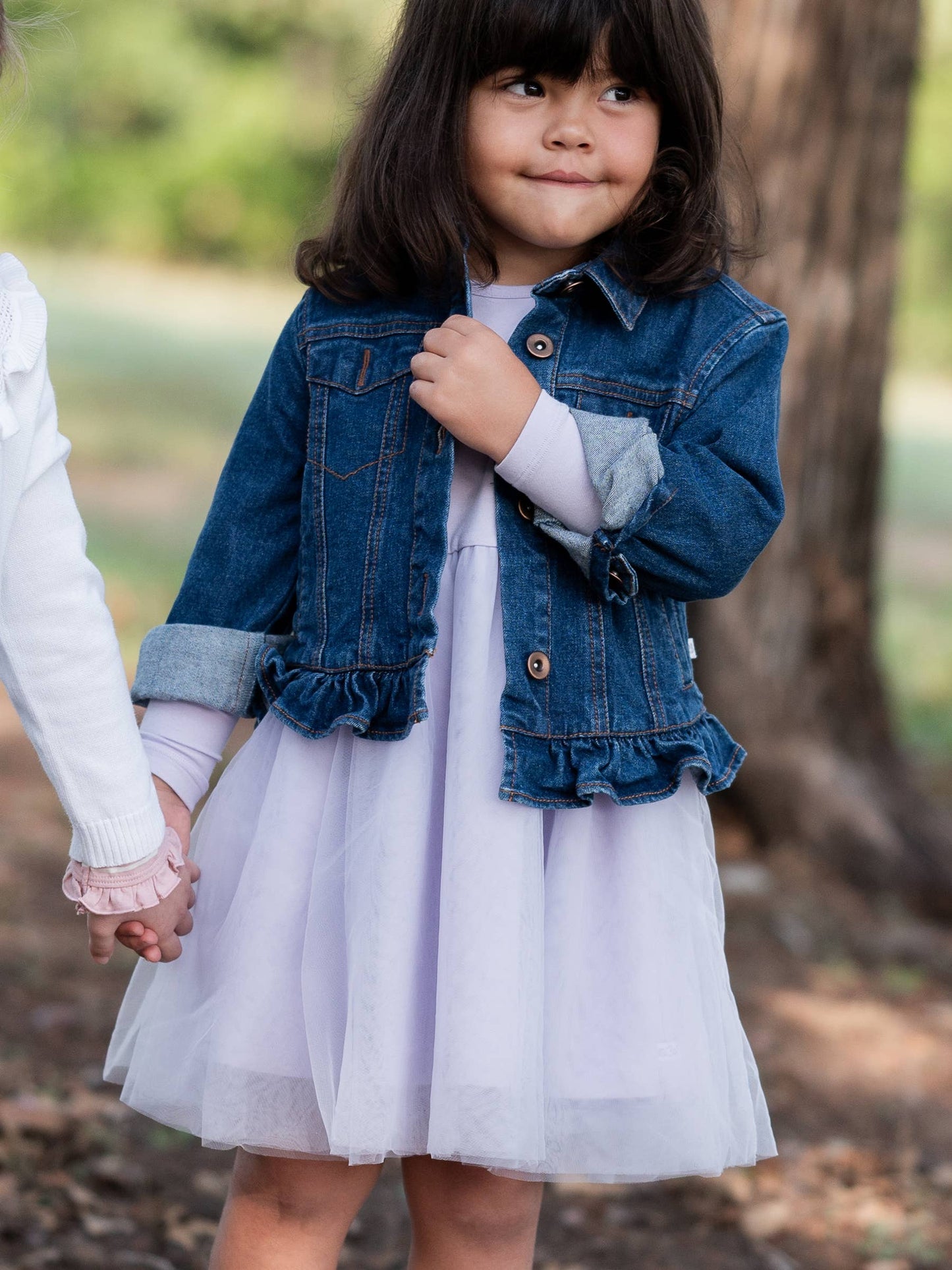 Girls Medium Wash Ruffle Denim Jacket