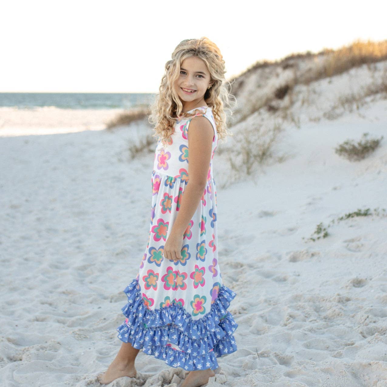 Girls 3 Tiered Periwinkle Flower Spring Summer Ruffles Dress