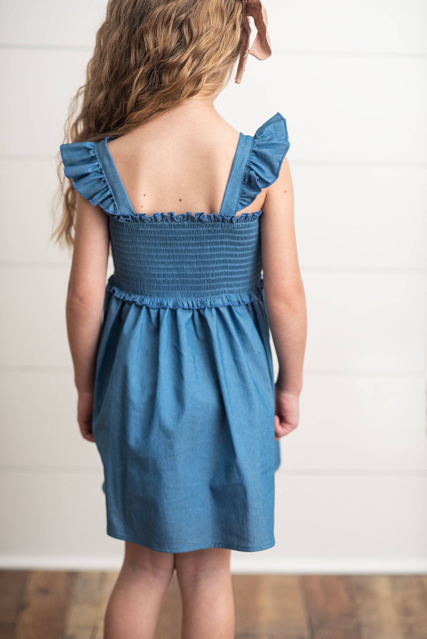 Girls Blue Shirred Ruffle Spring Dress