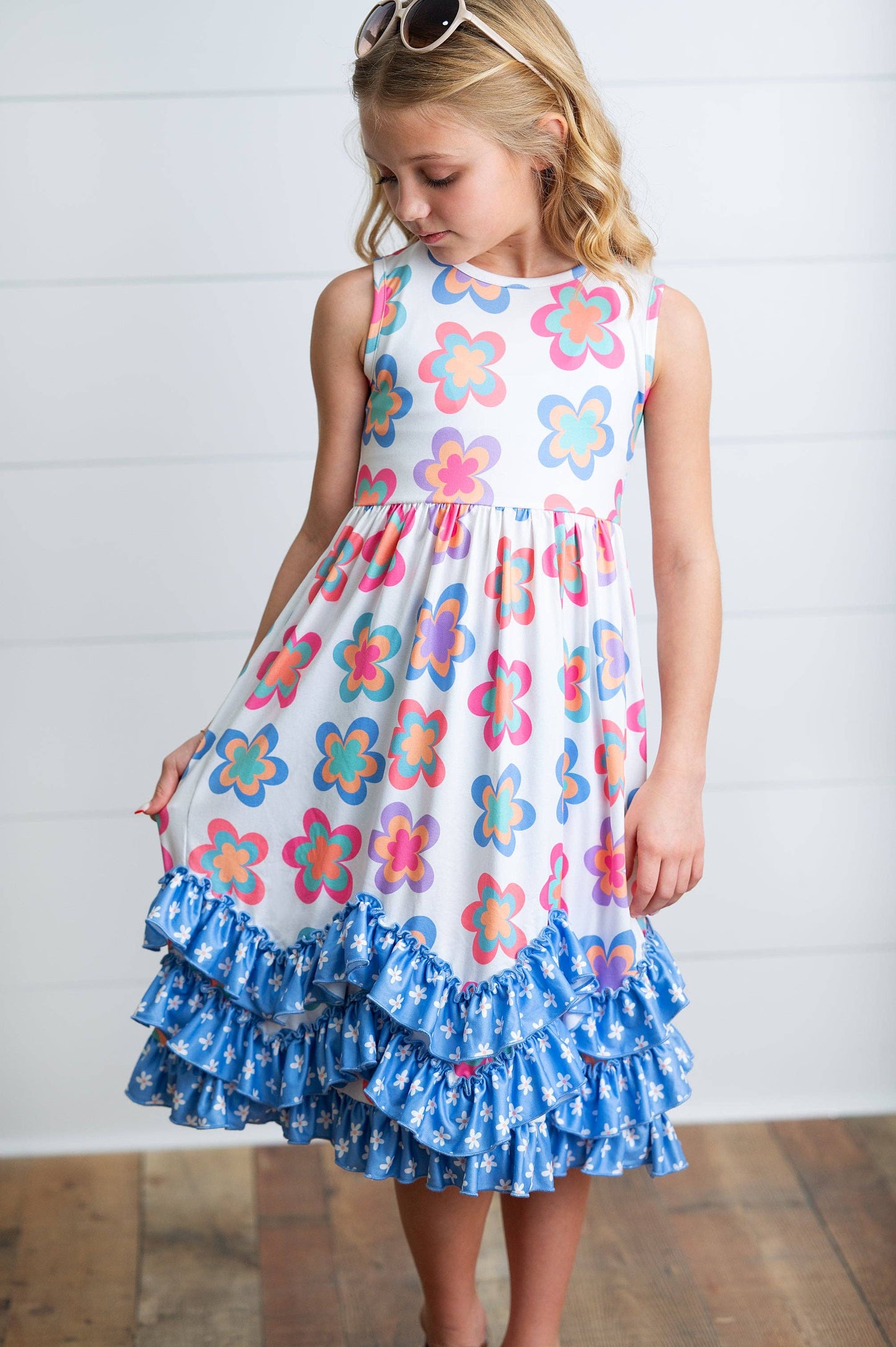 Girls 3 Tiered Periwinkle Flower Spring Summer Ruffles Dress