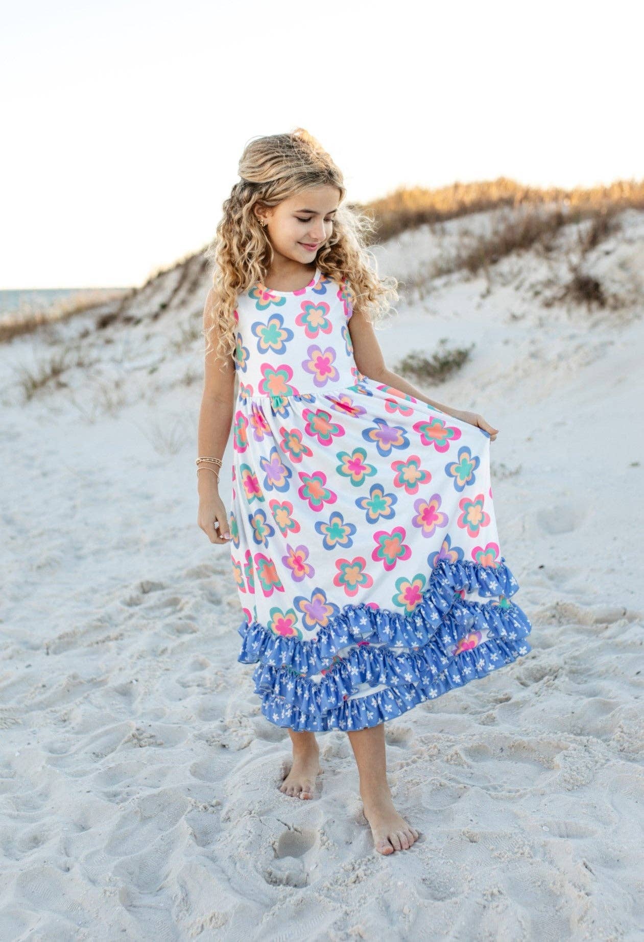 Girls 3 Tiered Periwinkle Flower Spring Summer Ruffles Dress