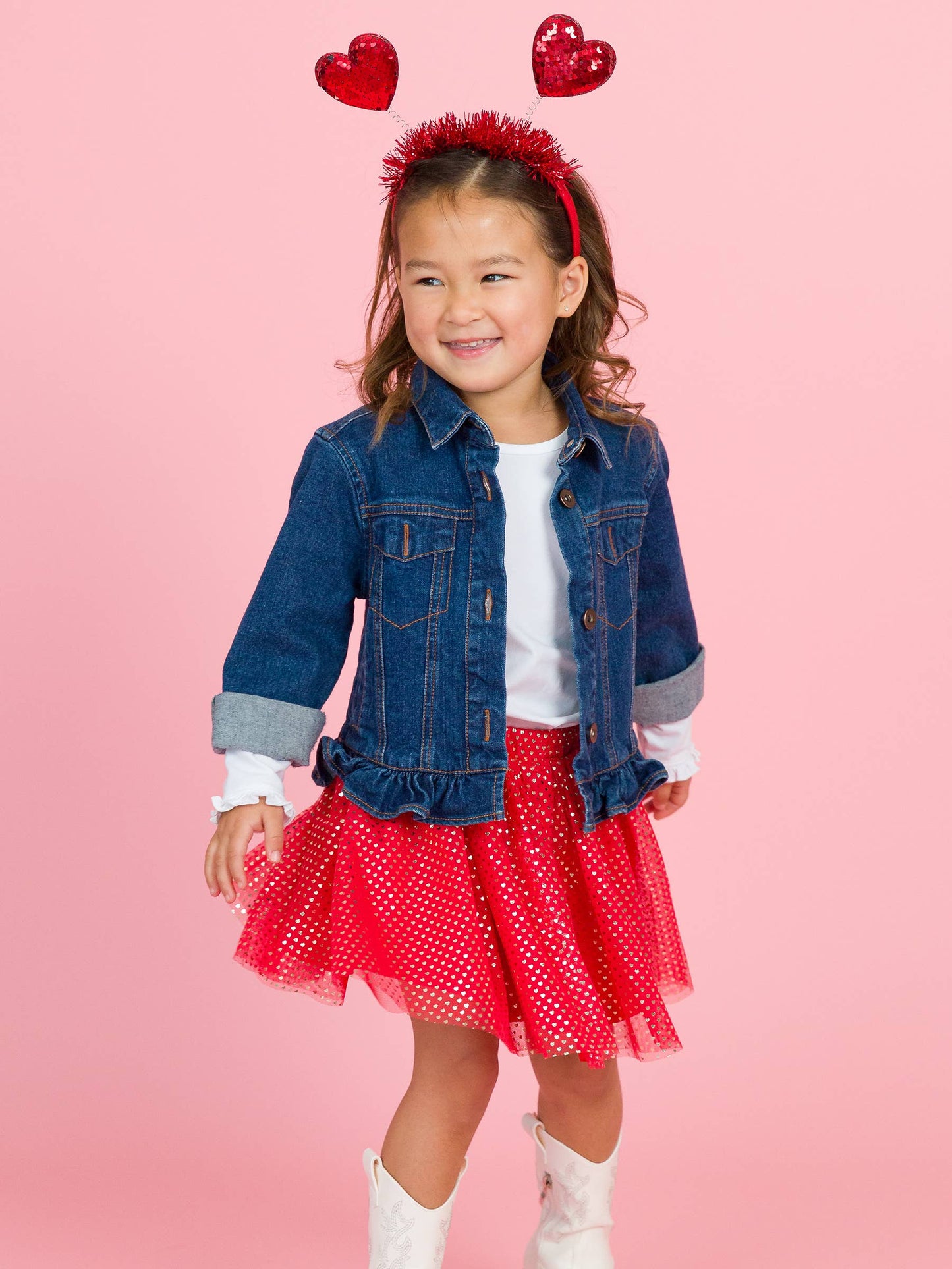 Girls Medium Wash Ruffle Denim Jacket