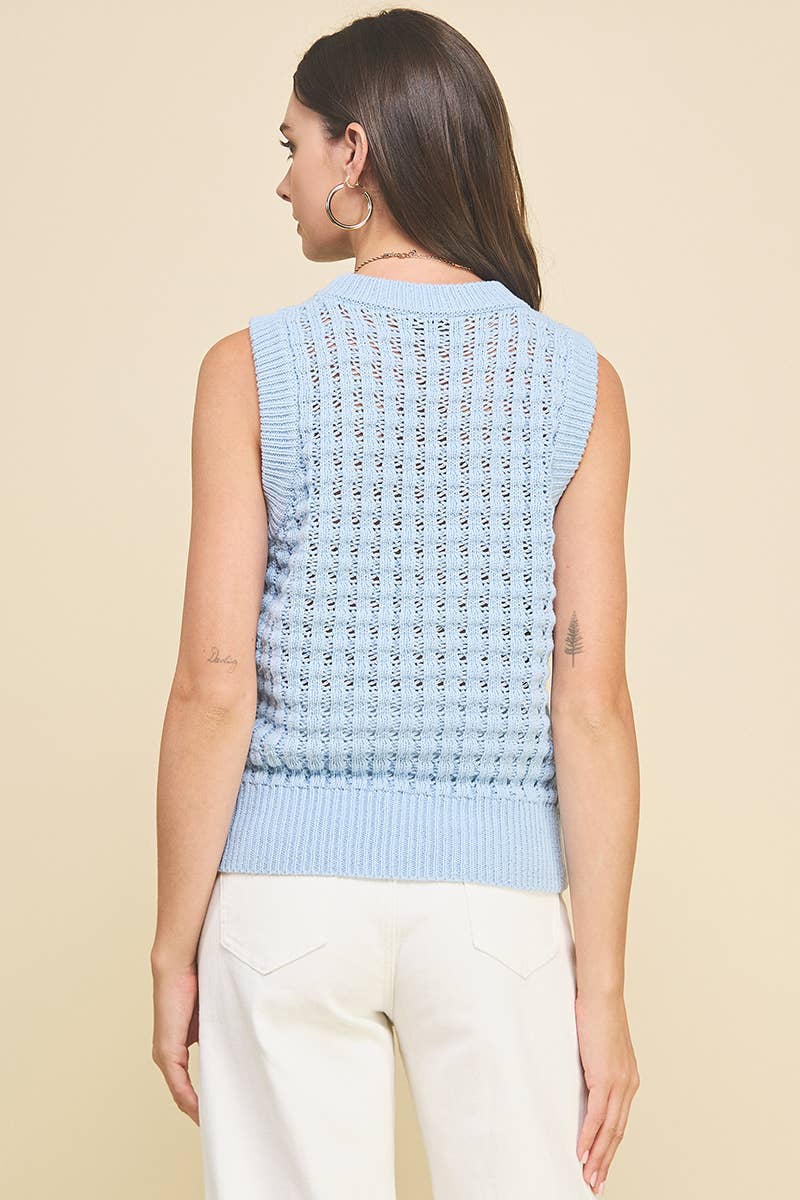 SOLID EYELET SLEEVELESS SWEATER - 6003W