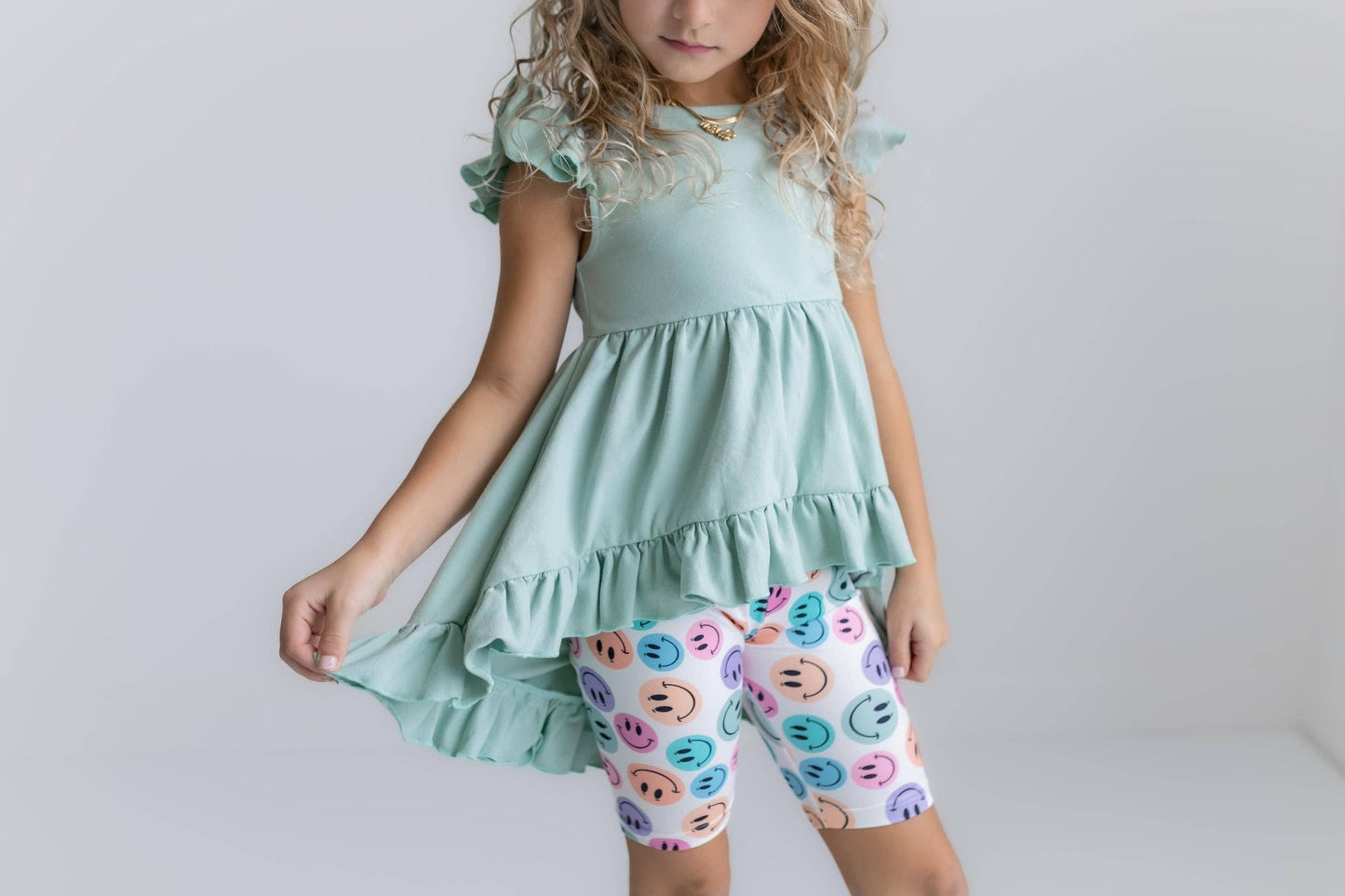 Kids Mint Green Smiley Face Hi Lo Spring Summer Short Set
