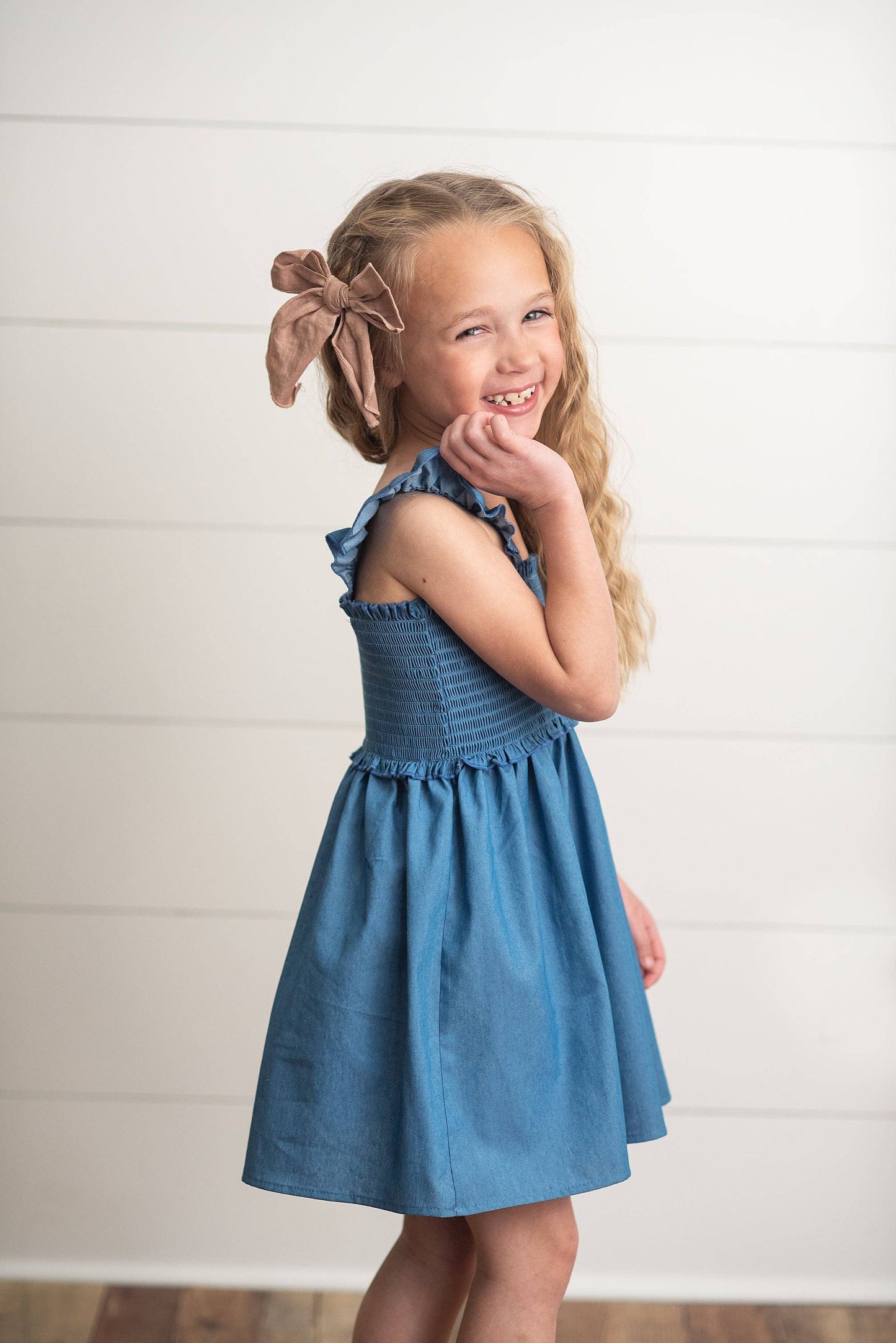 Girls Blue Shirred Ruffle Spring Dress