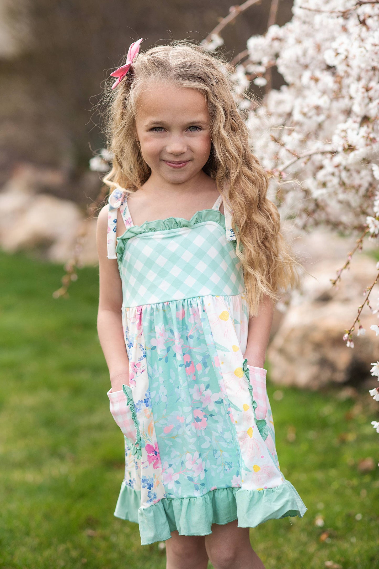Girls Mint Gingham Ruffle Pocket Dress