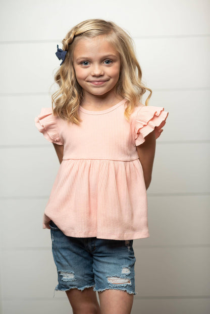 Kids Light Pink Double Ruffle Flutter Sleeve Summer Shirt