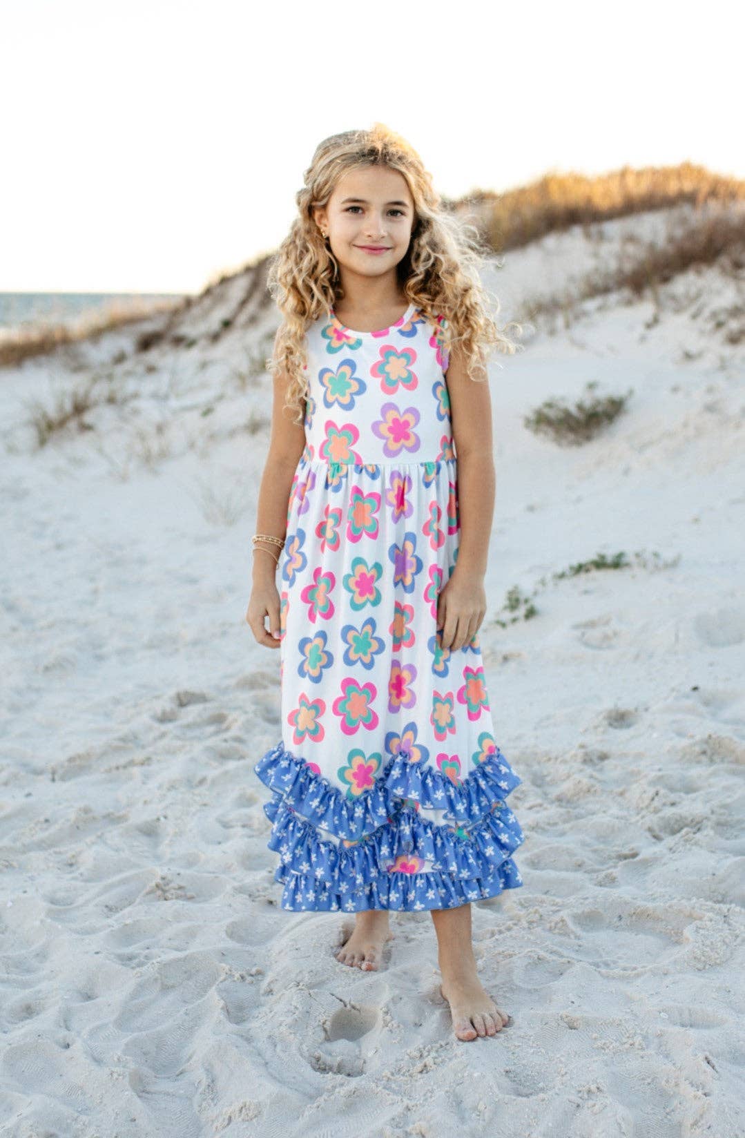 Girls 3 Tiered Periwinkle Flower Spring Summer Ruffles Dress