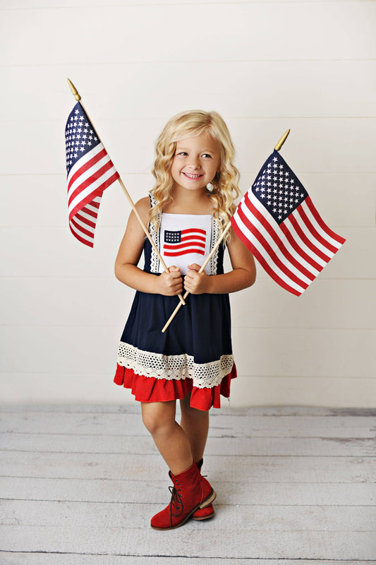 Girls American Flag Lace Ruffle Spring Summer Dress