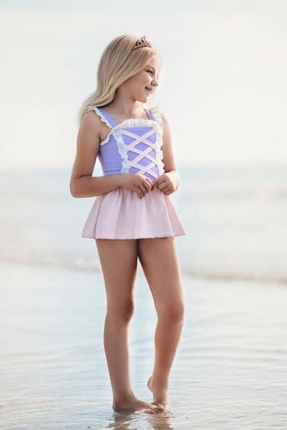 Girls Rapunzel Princess One Piece SPF 50 Swimsuit with Skirt
