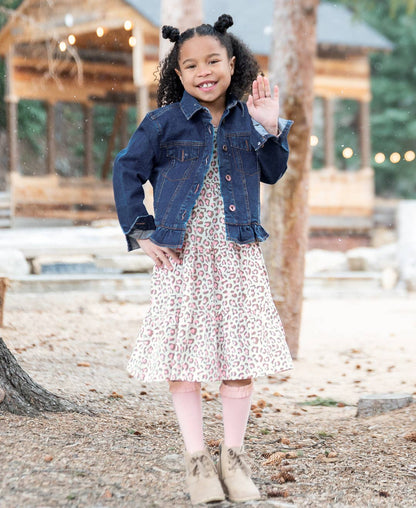 Girls Medium Wash Ruffle Denim Jacket