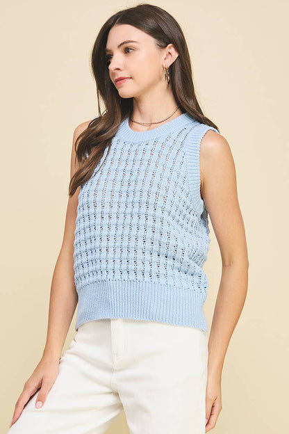 SOLID EYELET SLEEVELESS SWEATER - 6003W