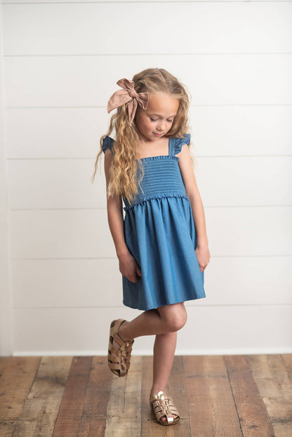 Girls Blue Shirred Ruffle Spring Dress