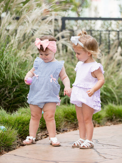 Baby Girls Blue Seersucker Classic Ruffle Bubble Romper