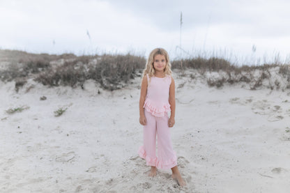 Kids Pink Ruffle Waffle Knit Spring Summer Set