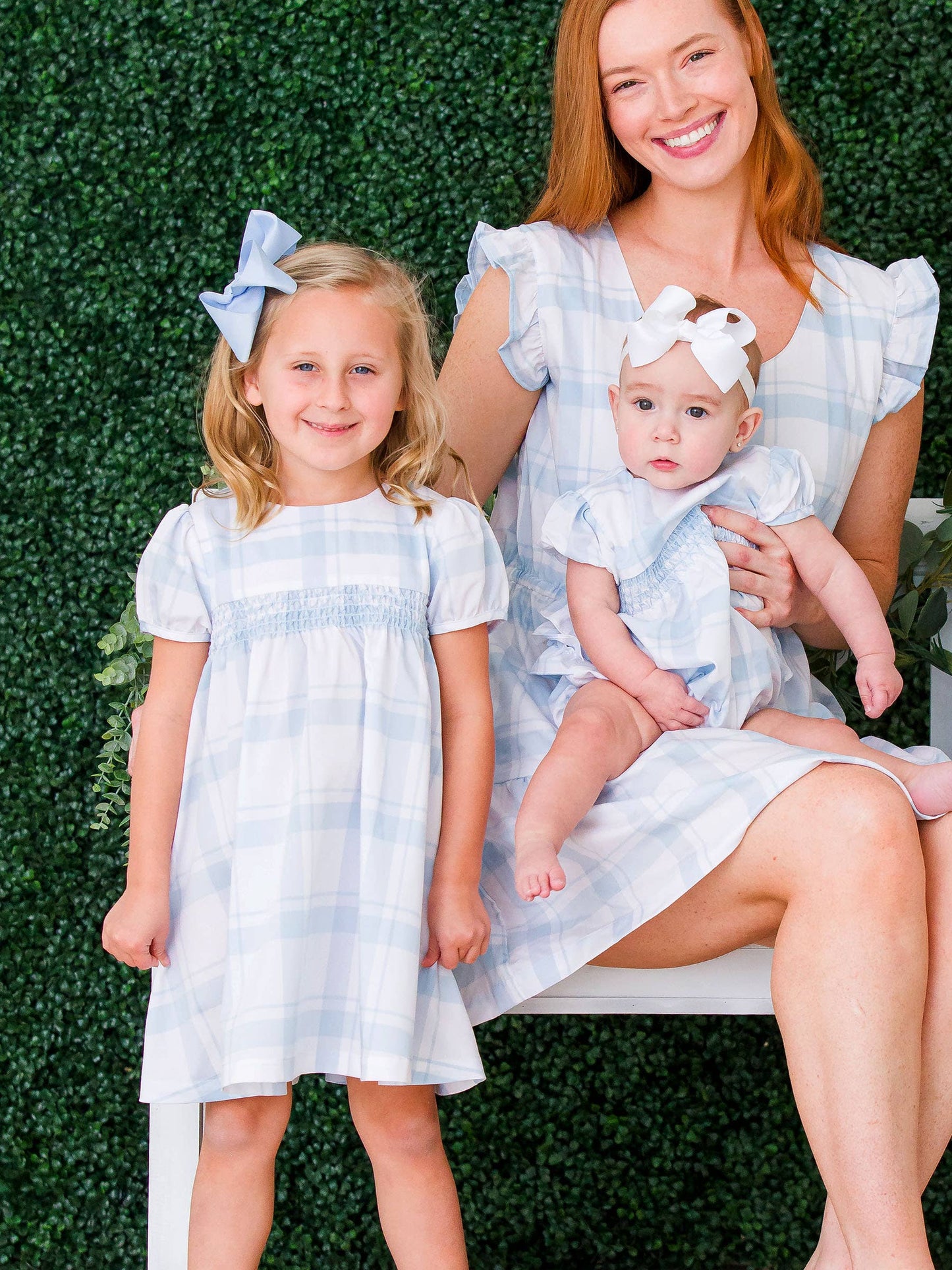 Girls Light Blue Windowpane Stripe Puff Sleeve Smocked Dress