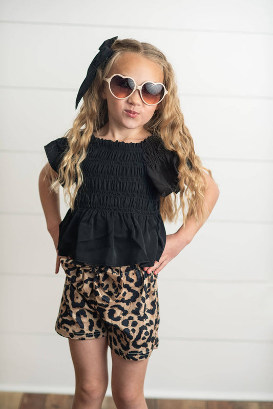 Kids Black Shirred Top & Leopard Print Bow Spring Short Set