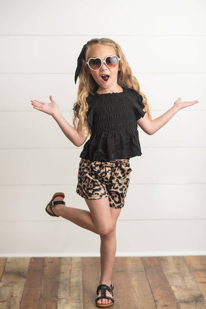 Kids Black Shirred Top & Leopard Print Bow Spring Short Set