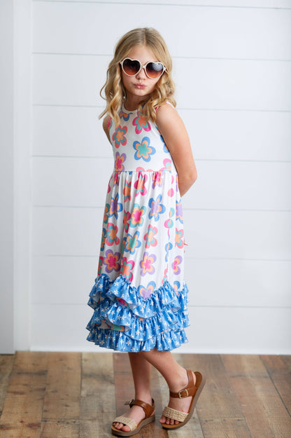 Girls 3 Tiered Periwinkle Flower Spring Summer Ruffles Dress