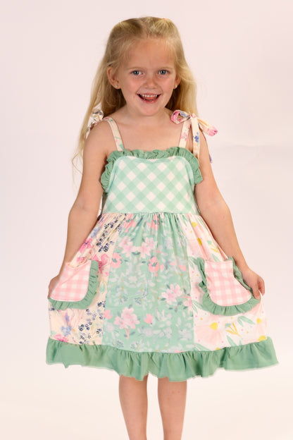 Girls Mint Gingham Ruffle Pocket Dress