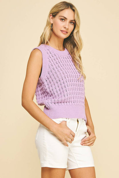 SOLID EYELET SLEEVELESS SWEATER - 6003W