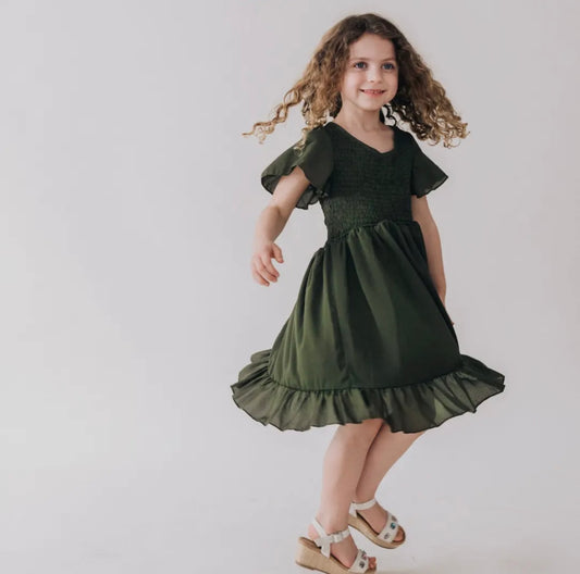 Dark Green Chiffon Dress-Girls