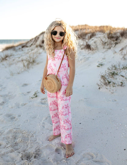 Kids Pink White Floral Button Ruffle Summer Pocket Jumpsuit