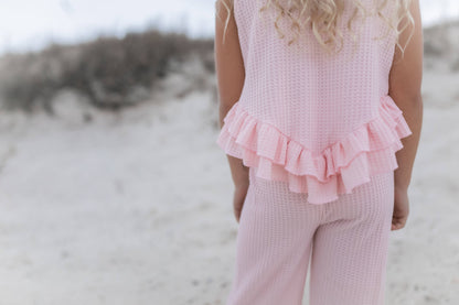 Kids Pink Ruffle Waffle Knit Spring Summer Set